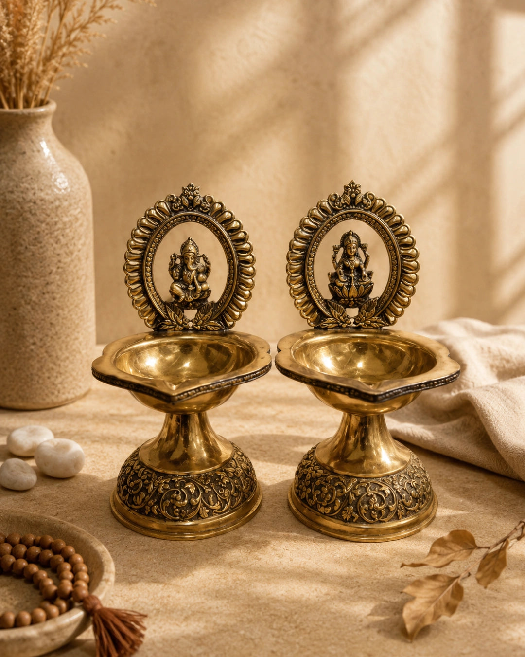 Superfine Brass Laxmi & Ganesh Deepam Pair| Pooja Oil Lamp