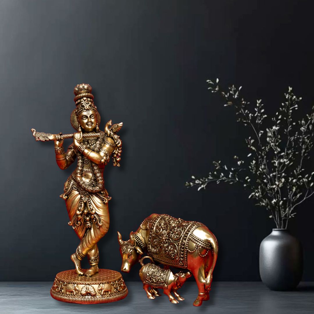 Superfine Krishna with Cow and Calf Statue in Brass for Puja & Décor
