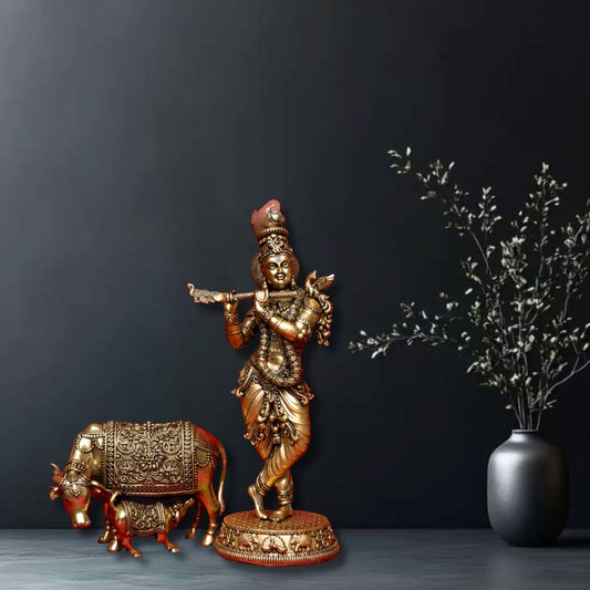 Superfine Krishna with Cow and Calf Statue in Brass for Puja & Décor