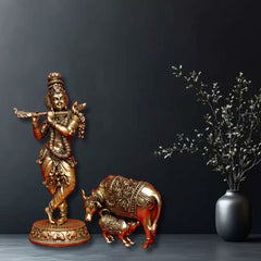 Superfine Krishna with Cow and Calf Statue in Brass for Puja & Décor