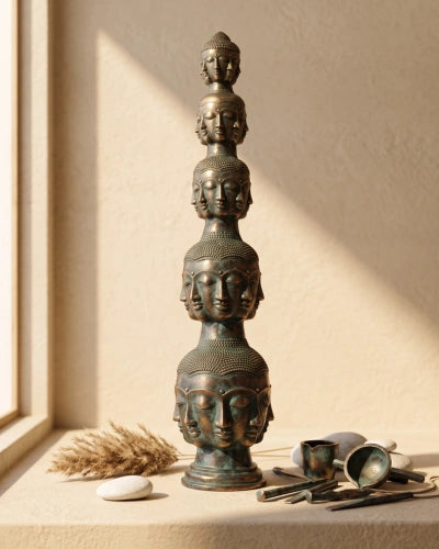 Tower of Tranquility: Buddha Heads - Bronze Sculpture